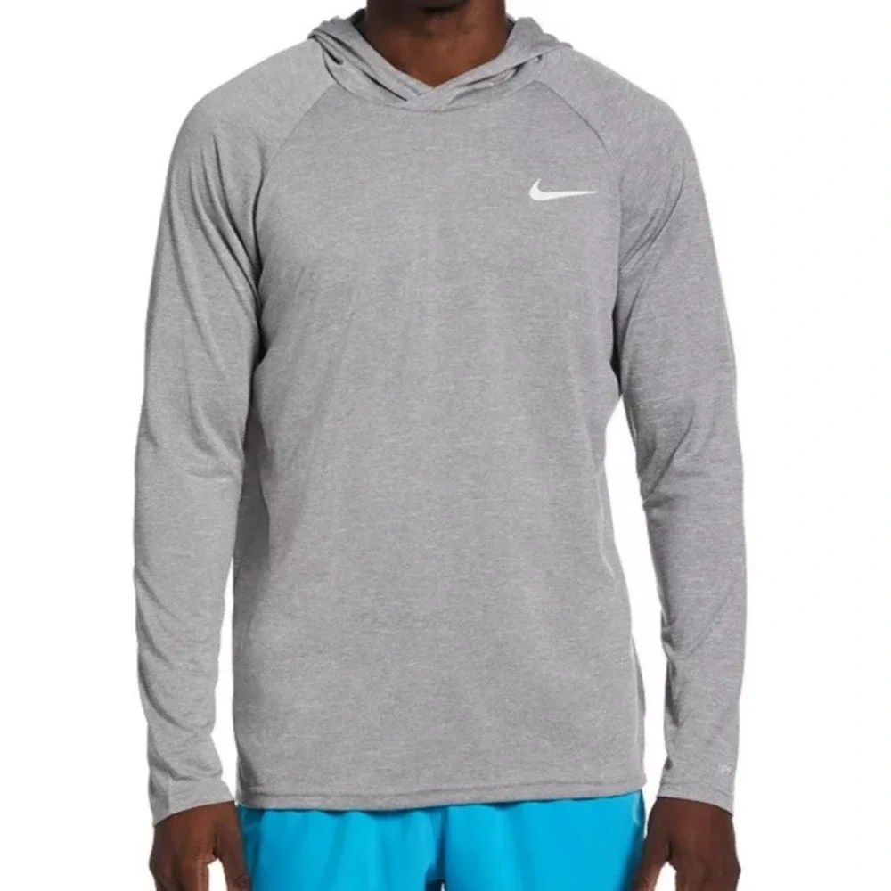 Nike Swim Top Men M Gray Dri-Fit UPF 40+‎ Hooded Athletic Logo Long Sleeves